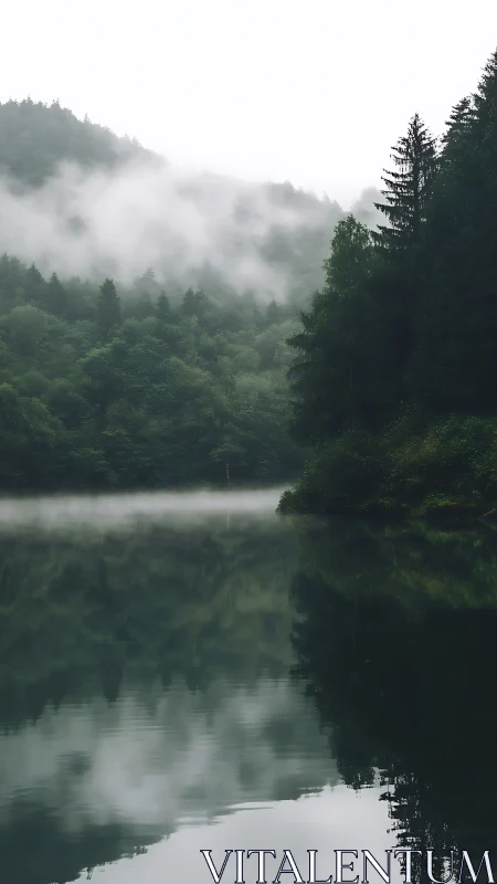 Misty Forest Lake with Coniferous Woodland Reflection.