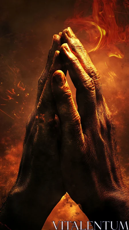 Weathered hands press together in a quiet, fiery prayer