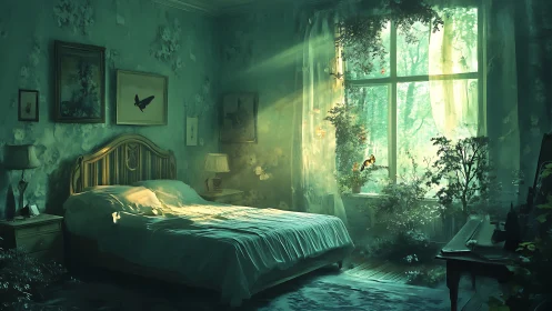 Sunlit overgrown bedroom merges interior calm with nature