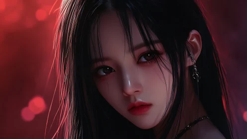 Digital portrait of woman with dark hair and red light.