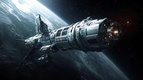 Orbital research starship cruising above illuminated Earth.