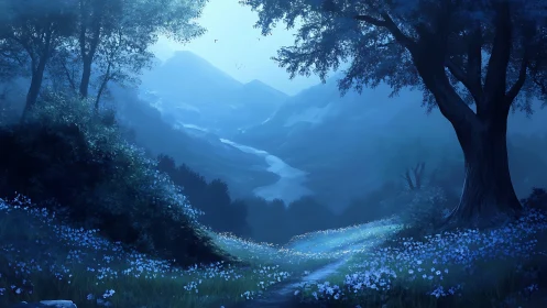 Moonlit valley clearing with atmospheric depth digital landscape.
