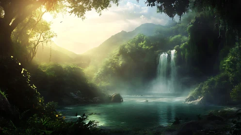 Sunlit jungle waterfall inviting you into quiet wonder.
