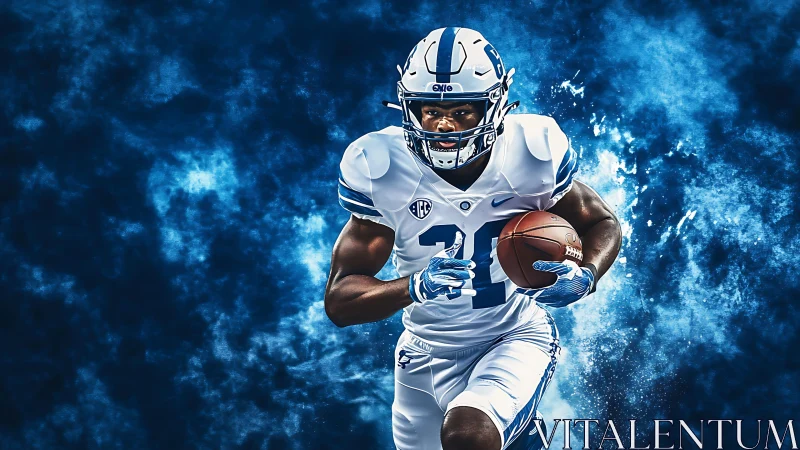 Dynamic running back in high-contrast blue composite sports portrait