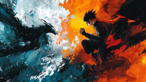 Dynamic anime duel with elemental dragon and fiery warrior