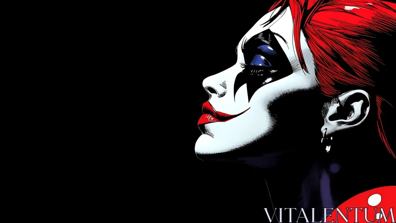 Side profile shows stylized female clown face in shadow