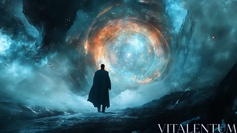 Cloaked silhouette confronting luminous cosmic wormhole gateway.