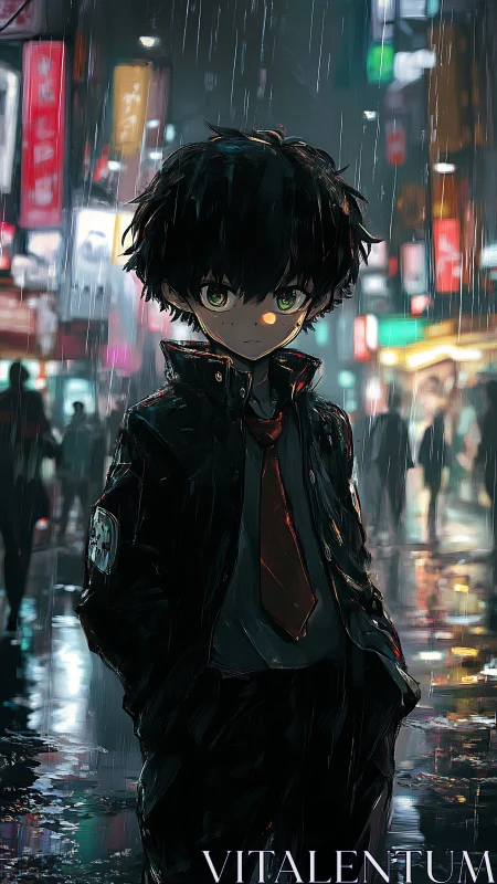 Rain-soaked city street shelters a quiet, determined boy