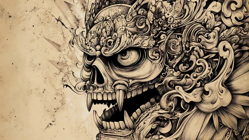Ornate skeletal demon mask snarls with swirling baroque lines