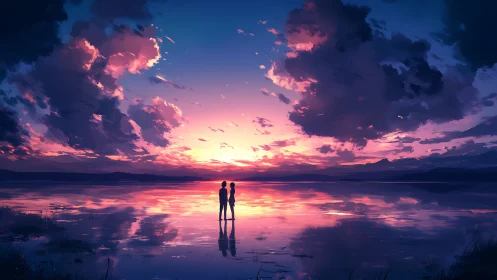 Twin silhouettes linger on a mirror-lake neon dusk horizon.