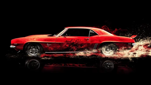 Red muscle car bursts through swirling light trails