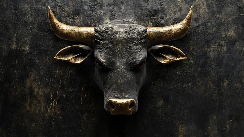 Textured black bull bust with metallic gold horns and accents