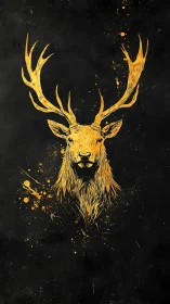 Golden stag portrait glows against deep textured black field