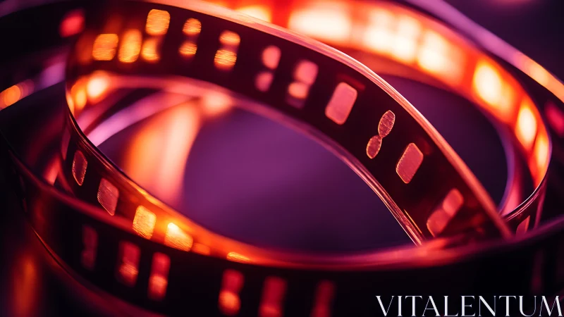 Cinematic film reel closeup with neon magenta and amber glow.
