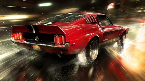 Classic red muscle car roaring through a neon night street.