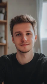 Soft morning portrait in a calm, sunlit home studio.