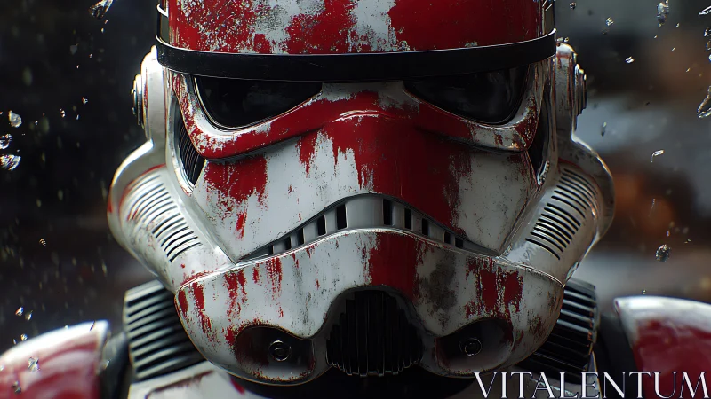 Battle-scarred red armored helmet under cinematic rainlight.