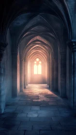 Soft sunrise glow filling a quiet stone cathedral hall.