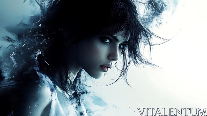 Cybernetic portrait of intense woman in icy blue dispersion