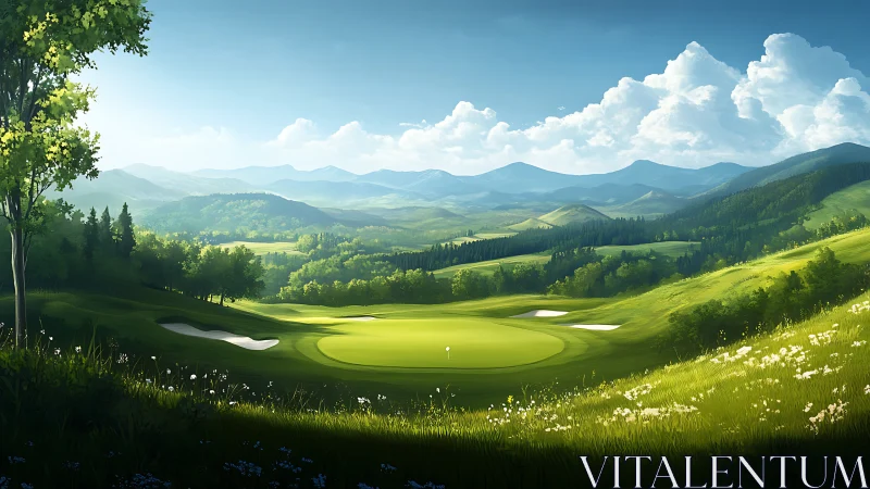 Sunlit mountain golf green rendered in vivid digital painting