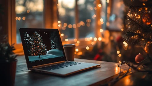 Laptop glows in festive bokeh, cradled by winter lights.
