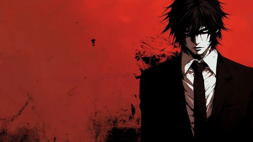 Male figure in dark suit against red splattered background.