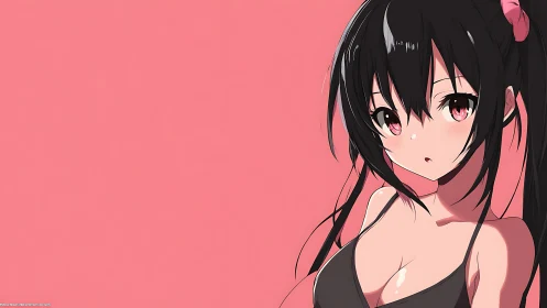 Anime girl in black top gazes softly against coral backdrop.