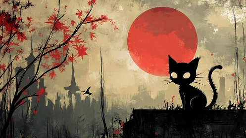 Silhouetted cat and red sun balance stylized Japanese skyline