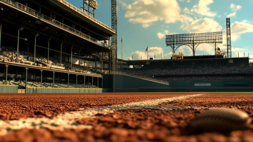 Baseball stadium infield closeup under warm evening light.