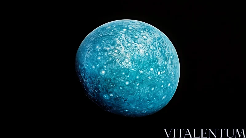 Blue cratered planet against deep black space background.