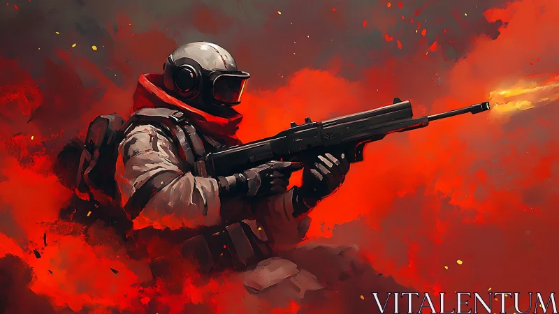 Fiery sci fi soldier strides forward through blazing smoke