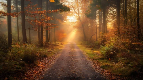 Serene Autumn Forest Pathway with Golden Morning Light.