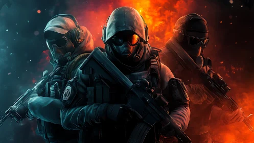 Tactical strike team framed against dual-color inferno backdrop