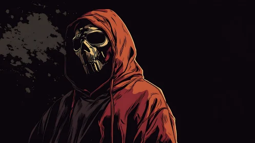 Shrouded skull in a hooded jacket stands in bold shadows
