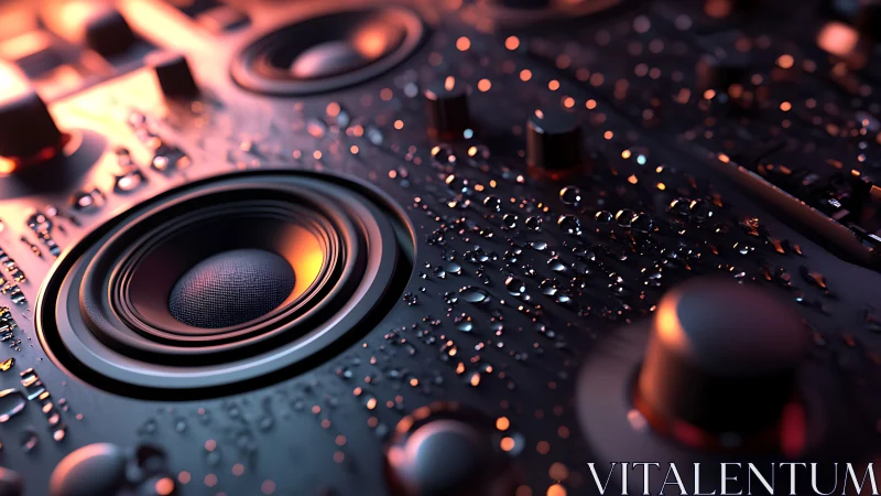 Close-up of wet speaker cone and mixer knobs in warm light.