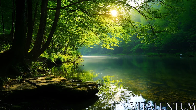 Sunlit river bend where quiet forest shadows breathe.