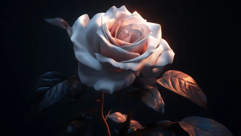 Rose with warm directional lighting on dark background.