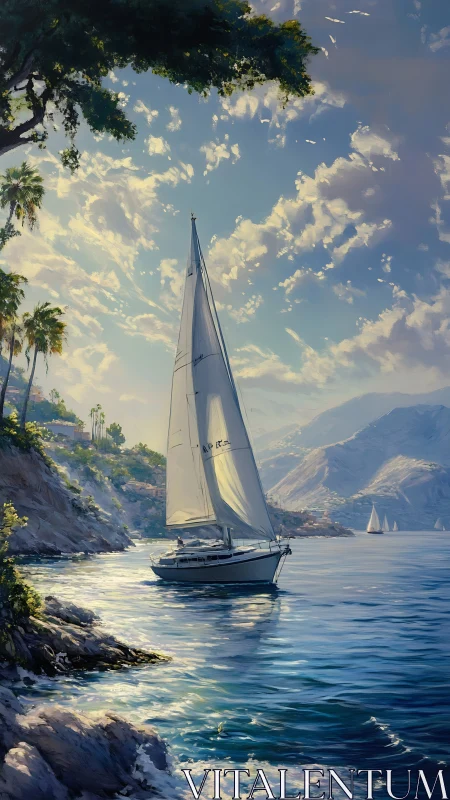 Sunlit sailboat glides along rocky Mediterranean coastline