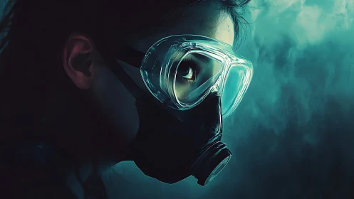 Person in respirator mask and goggles in teal low light.