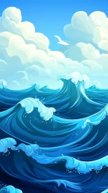 Layered stylized ocean waves move beneath cloud formations