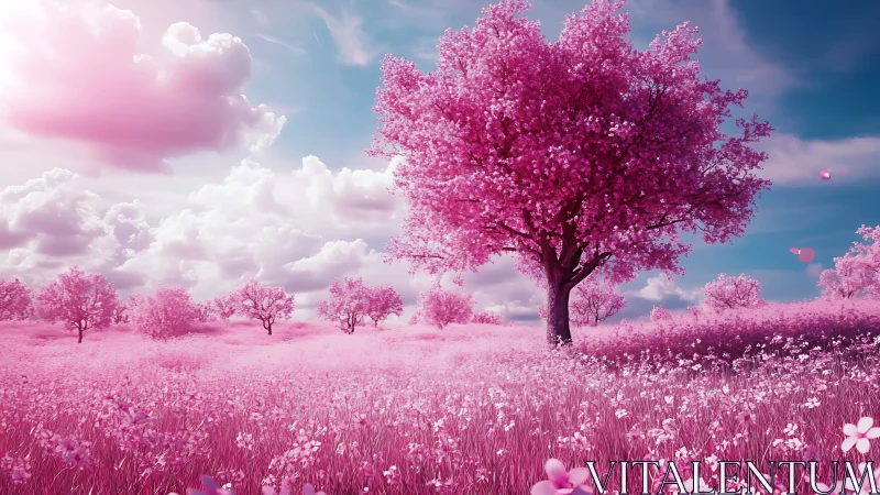 Pink blossom tree dominates surreal meadow under clouds