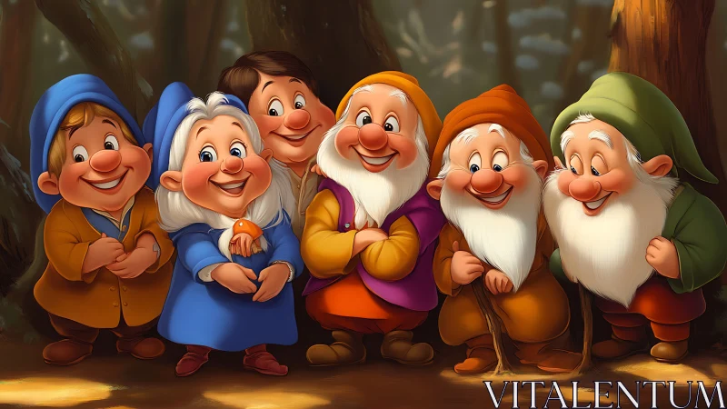 Smiling cartoon dwarfs stand together in warm forest light