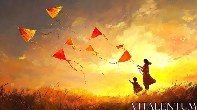 Mother and child fly red kites under blazing sunset sky