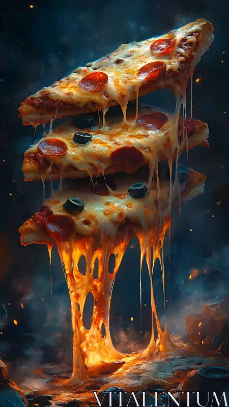 Stacked molten pepperoni pizza slices in dramatic light.
