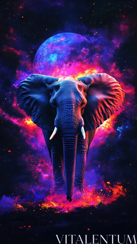 Cosmic elephant strides through glowing neon starlight.