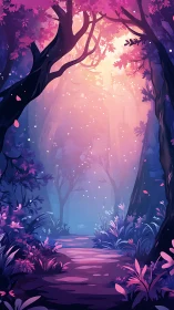Glowing forest path through dark trees with pink and blue light