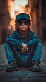 Youth in blue apparel seated on urban pavement during golden hour