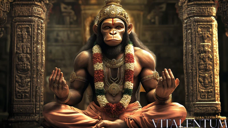 Divine monkey yogi statue in ornate golden temple hall.