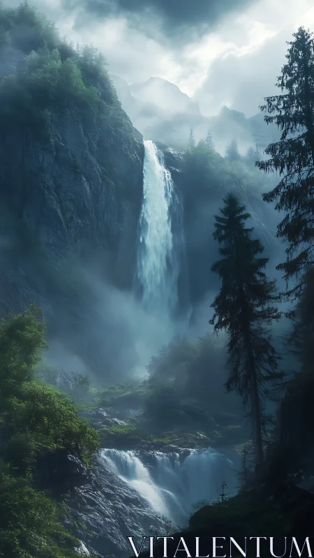 Misty mountain waterfall plunges through lush pine valley.