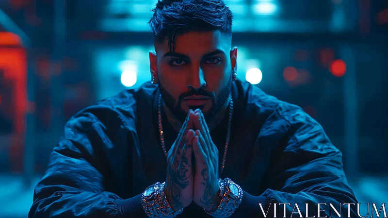 Moody neon portrait of tattooed man with folded hands.